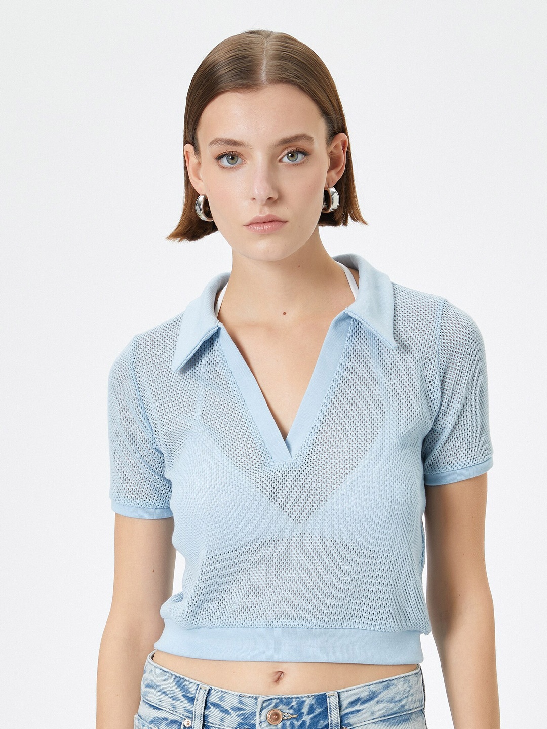 

Koton V-Neck Cotton Crop T-shirt, Blue