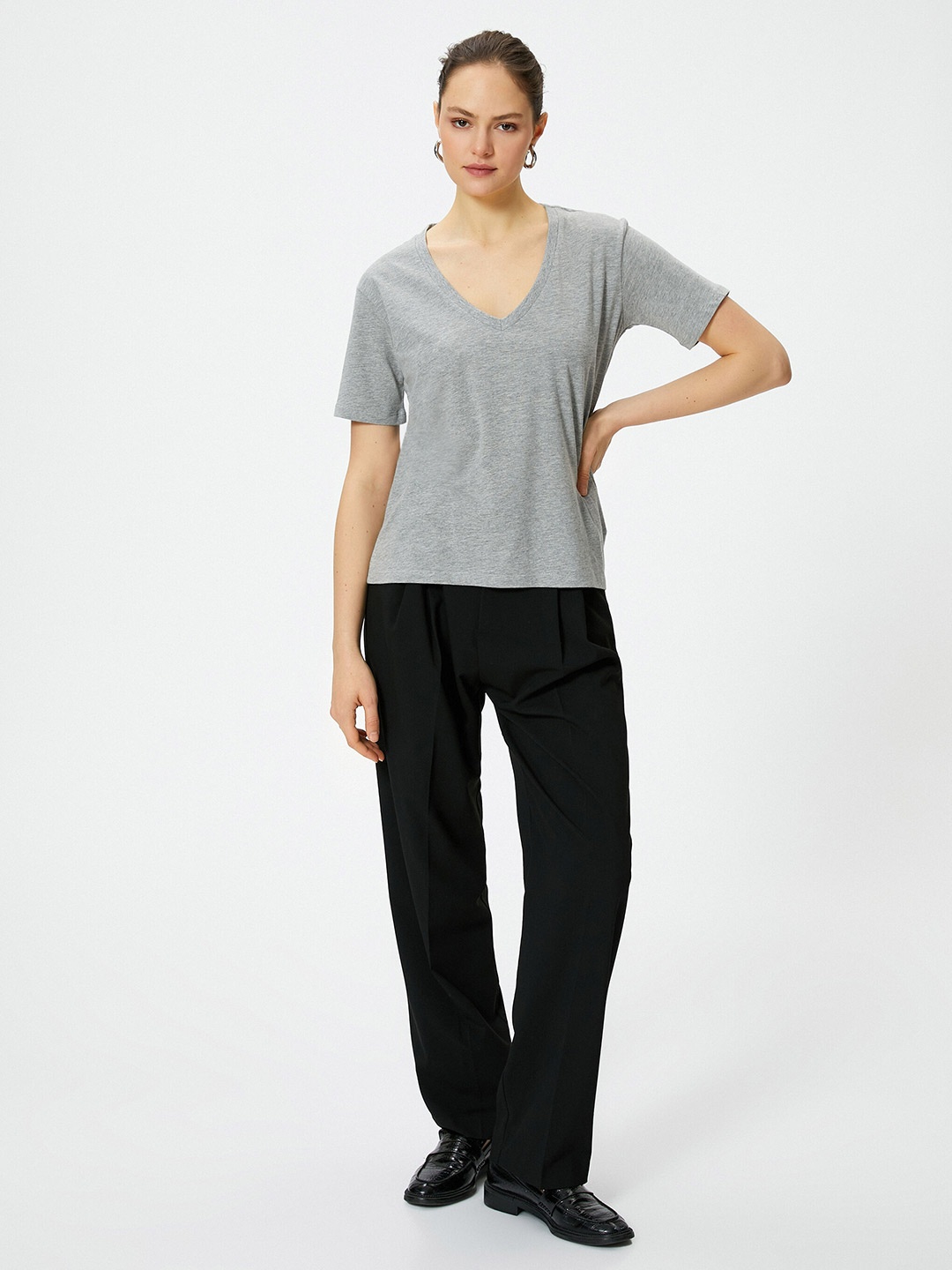 

Koton V-Neck Pure Cotton T-shirt, Grey