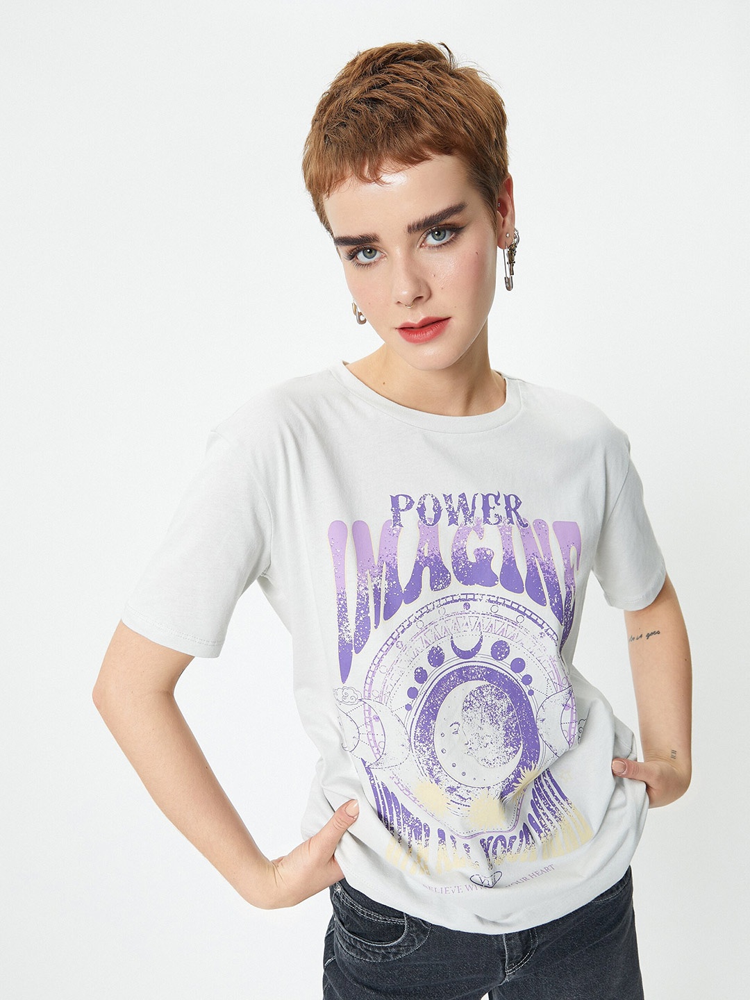 

Koton Typography Printed Round Neck Short Sleeves Cotton T-shirt, Grey