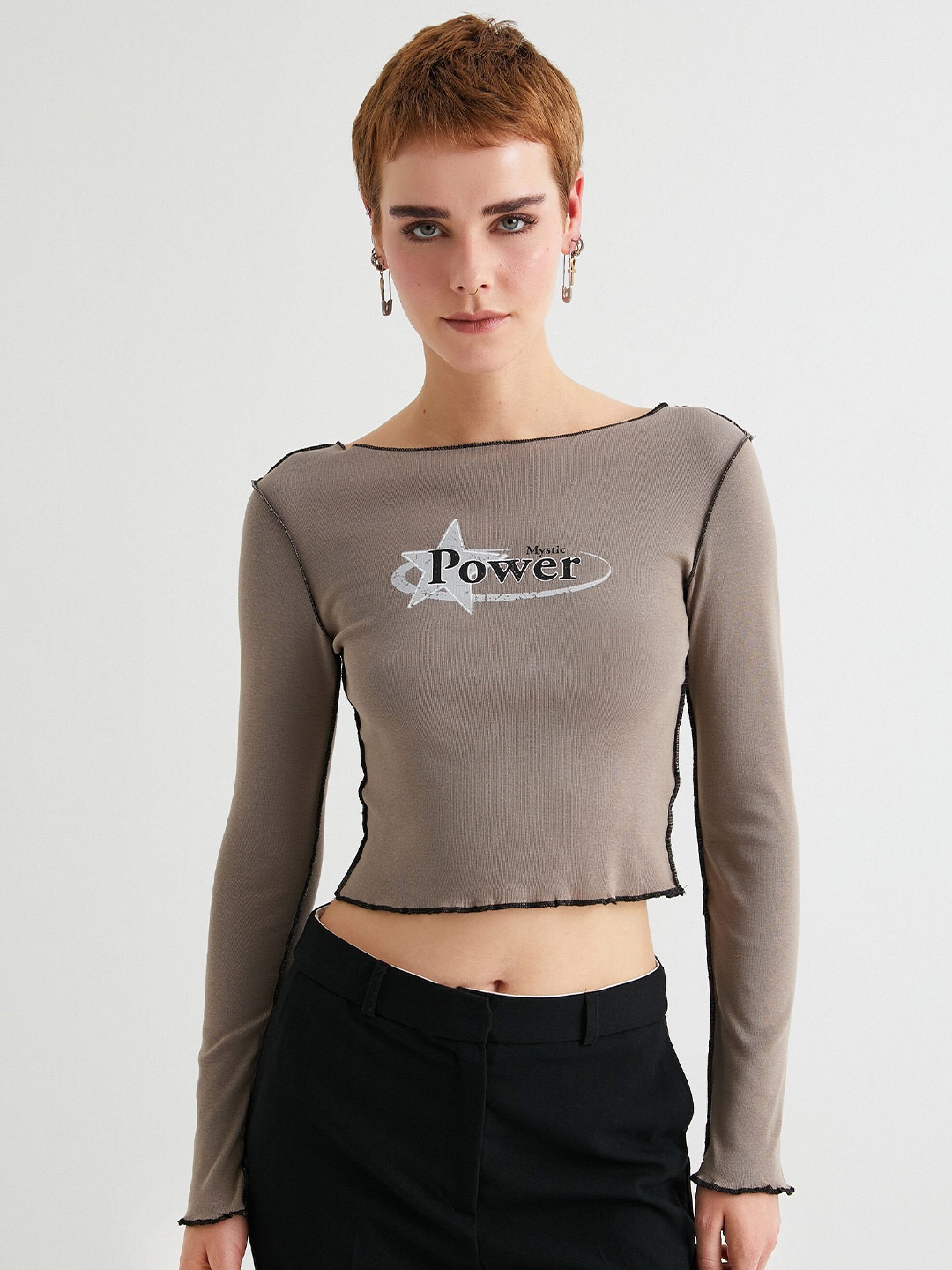 

Koton Typography Round Neck Cotton Slim Fit Crop T-shirt, Brown