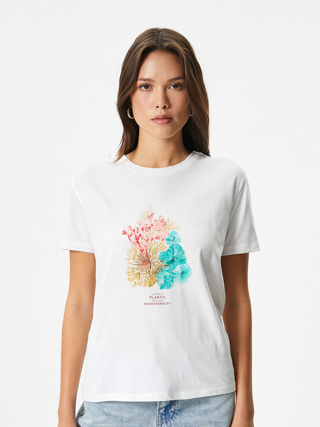 Koton Graphic Printed Round Neck Short Sleeves T-shirt, White