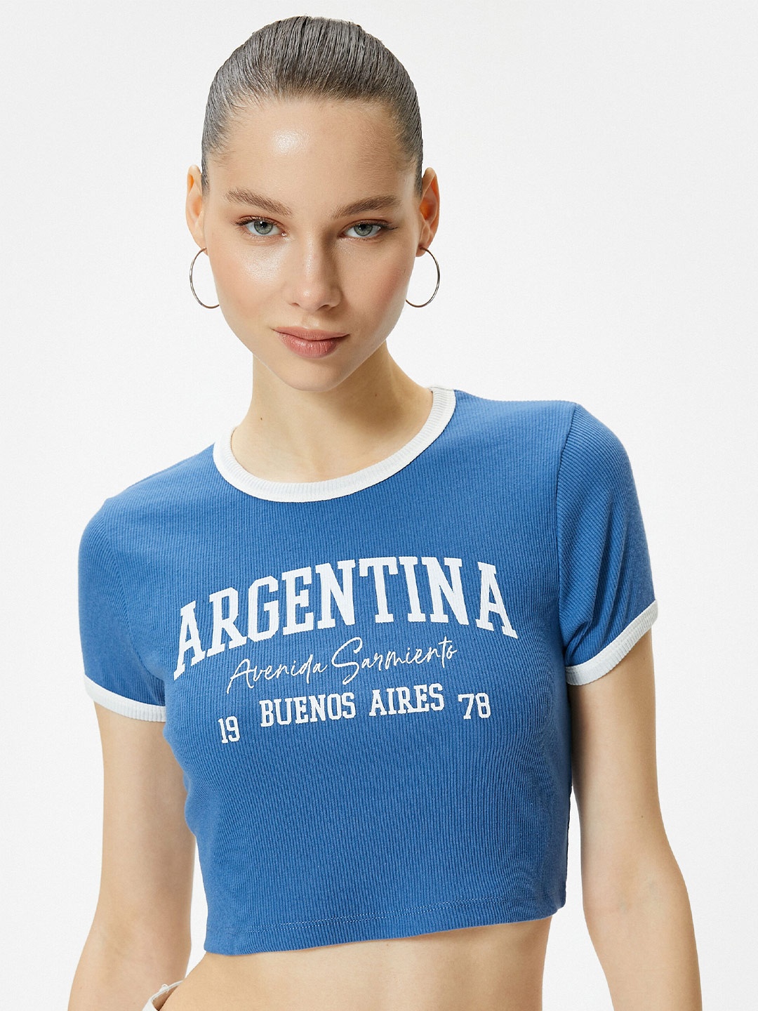 

Koton Typography Printed Crop T-shirt, Blue