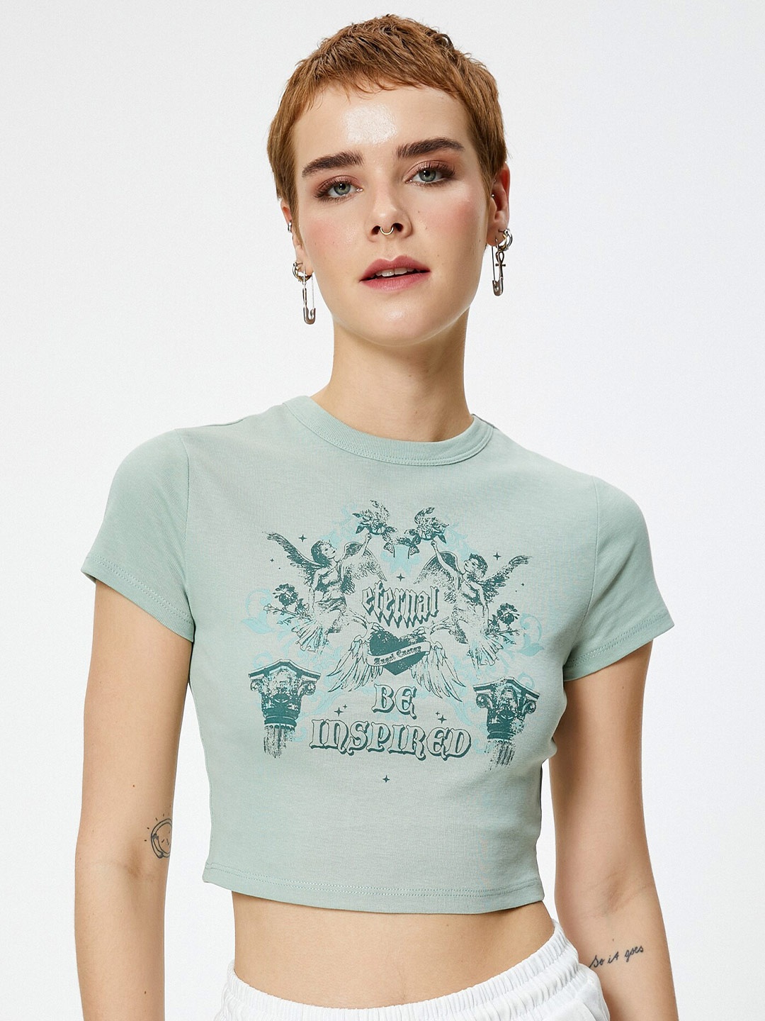 Koton Graphic Printed Pure Cotton Crop T-shirt, Green