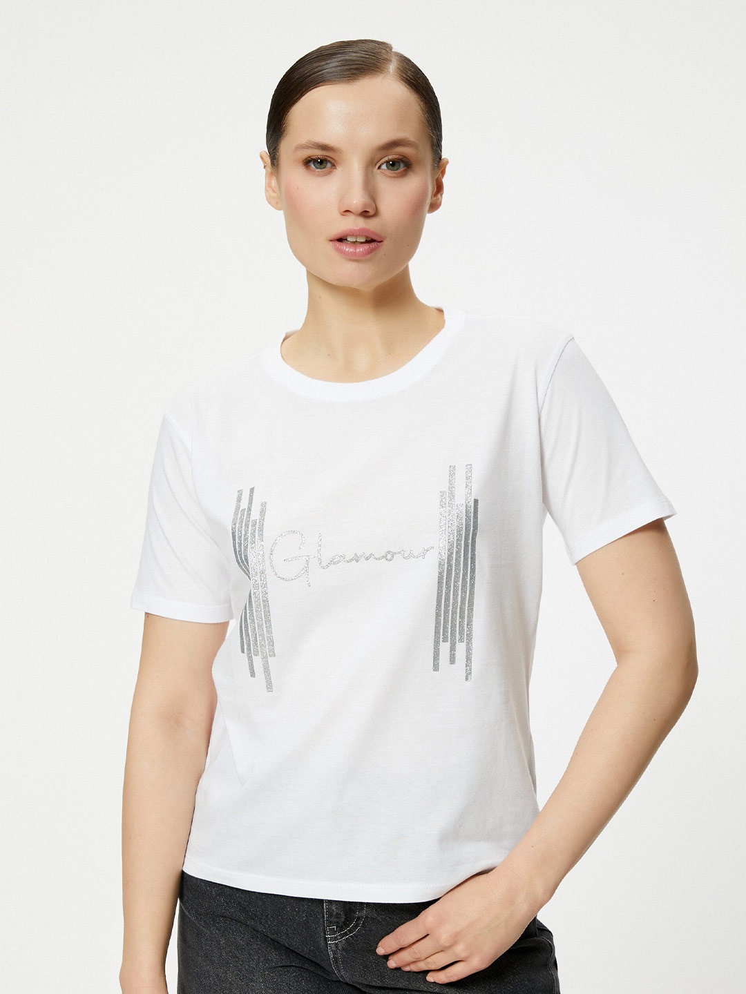 

Koton Printed Round Neck Short Sleeves Cotton T-shirt, White