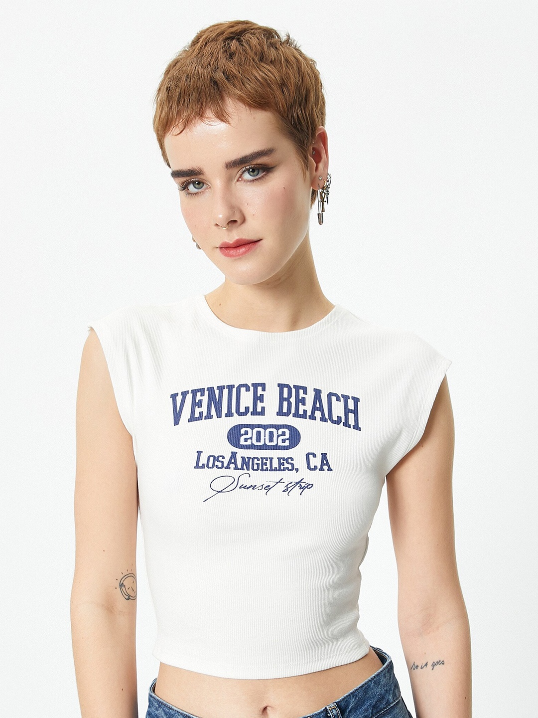 

Koton Typography Printed Sleeveless Applique Cotton Slim Fit Crop T-shirt, Beige