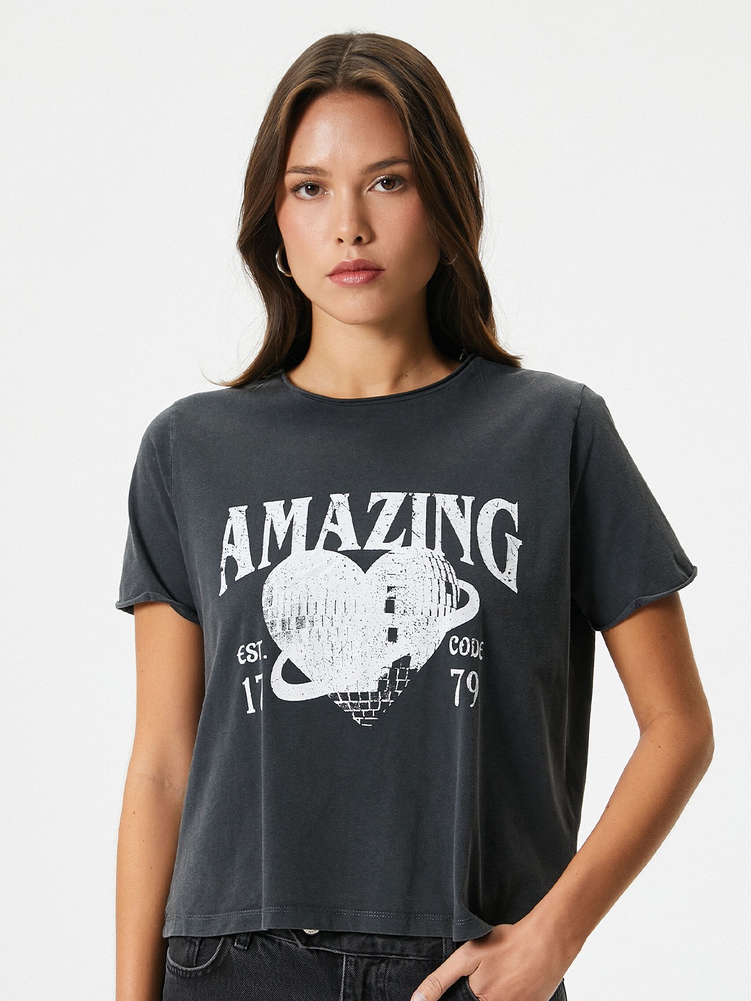 

Koton Typography Printed Round Neck Short Sleeves Cotton T-shirt, Grey