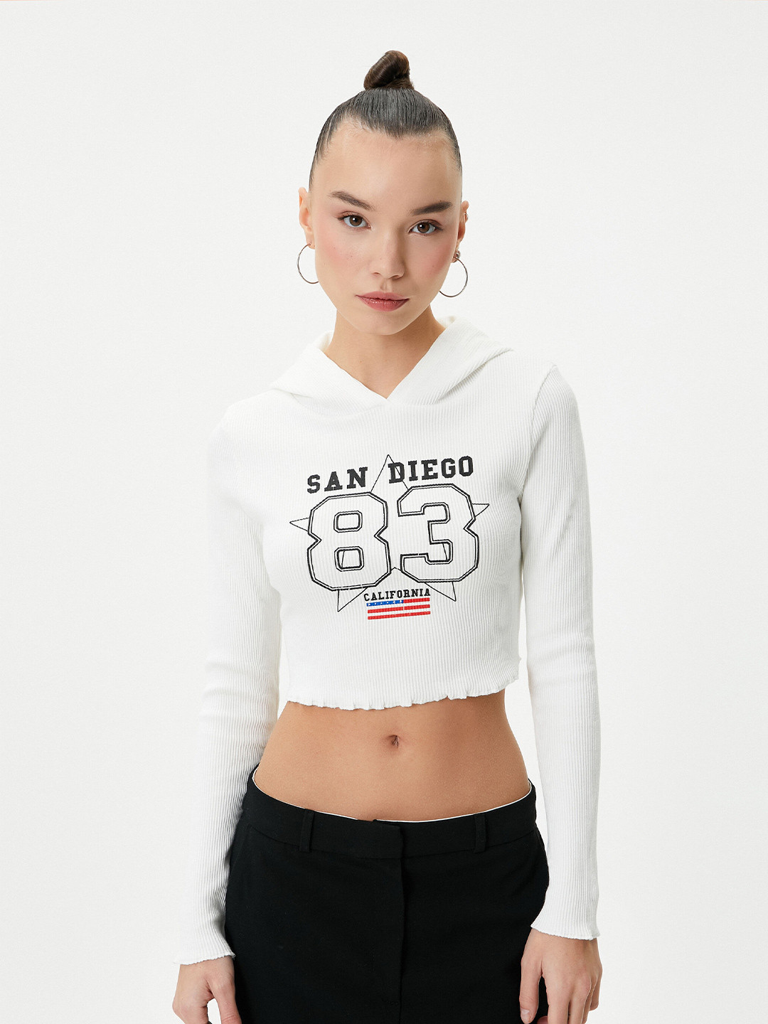

Koton Typography Printed Hooded Long Sleeves Cotton T-shirt, Beige