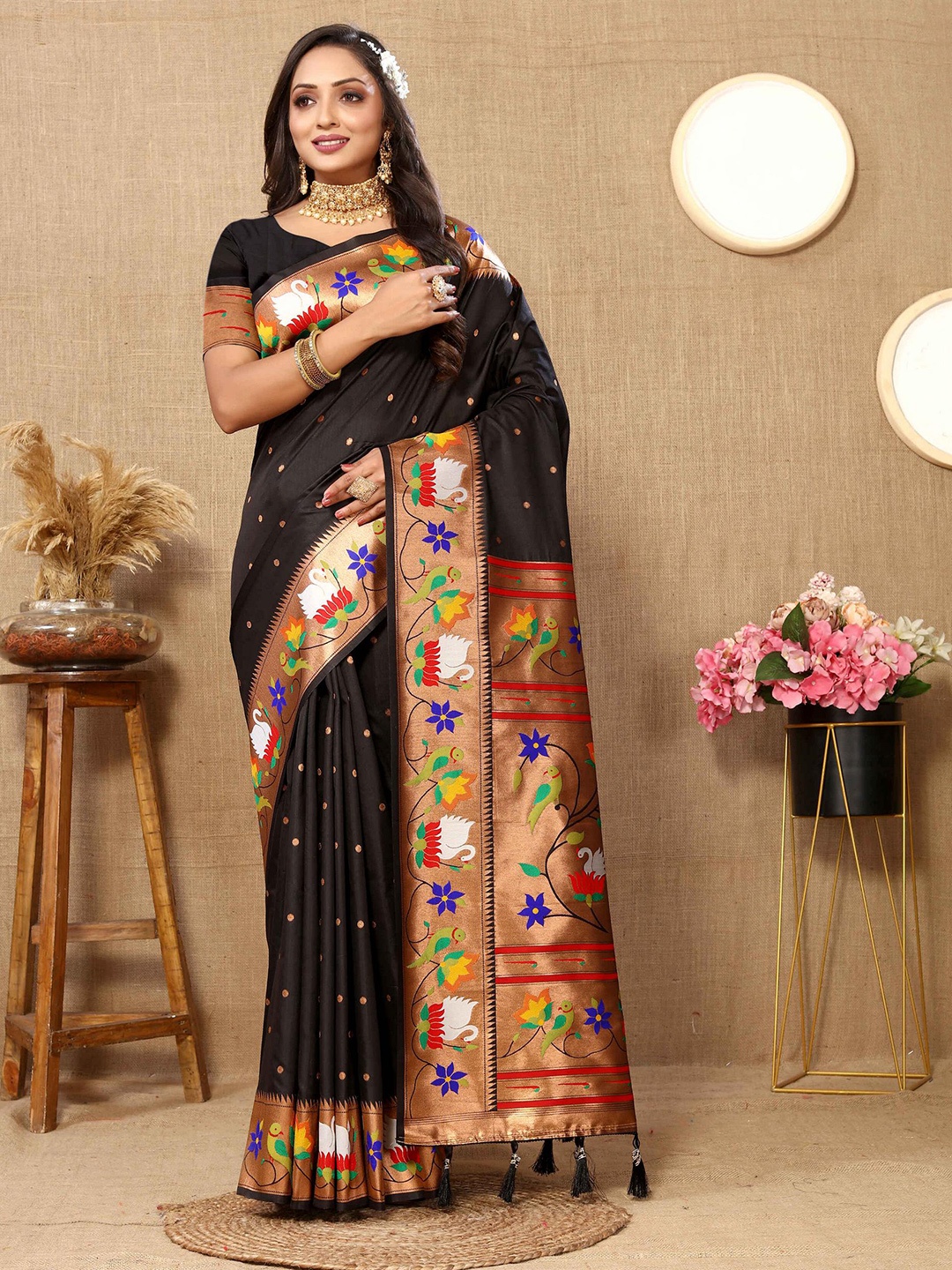 

PHEASANT Woven Design Zari Pure Silk Paithani Saree, Black