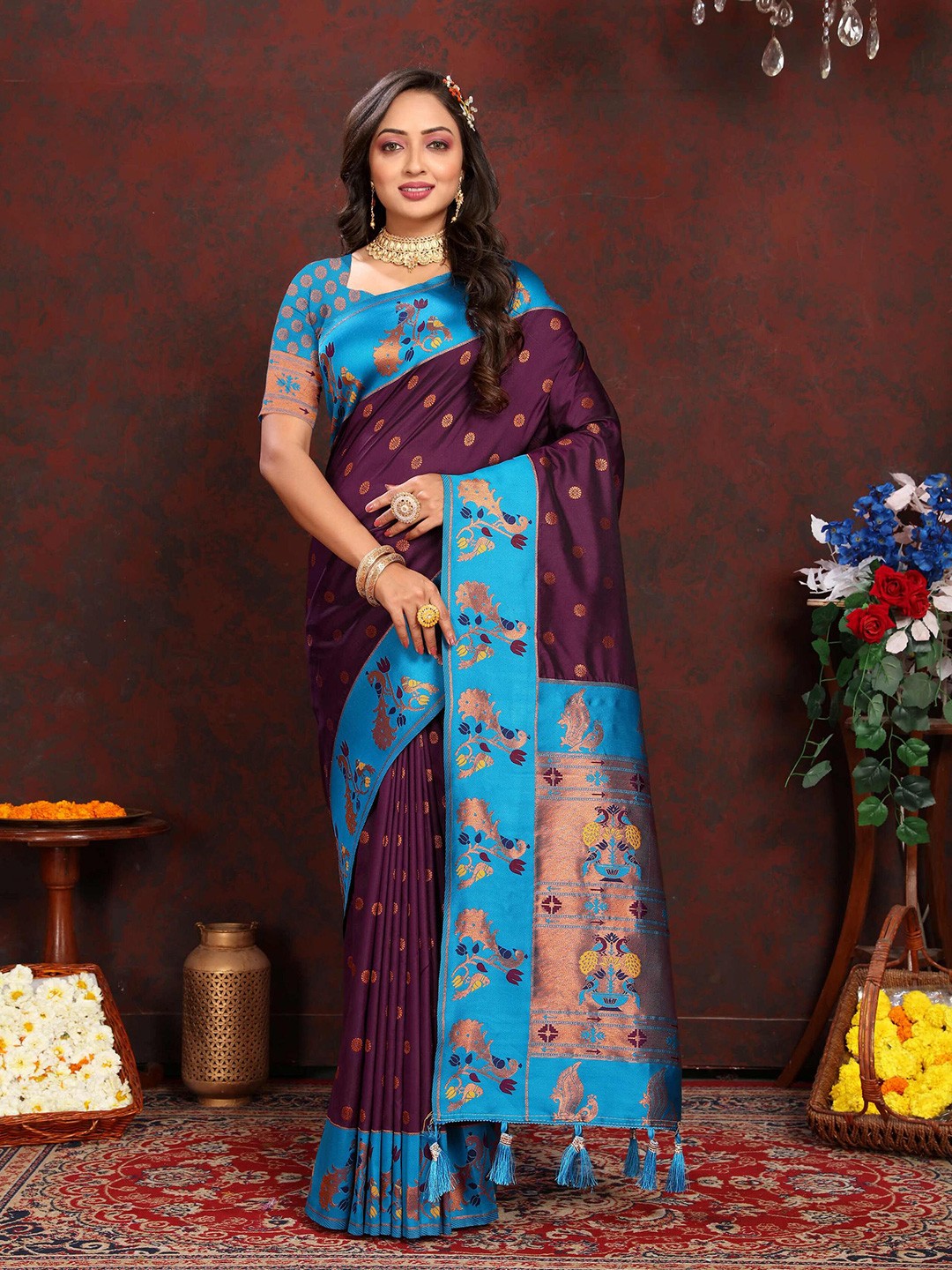 

PHEASANT Woven Design Zari Pure Silk Paithani Saree, Burgundy