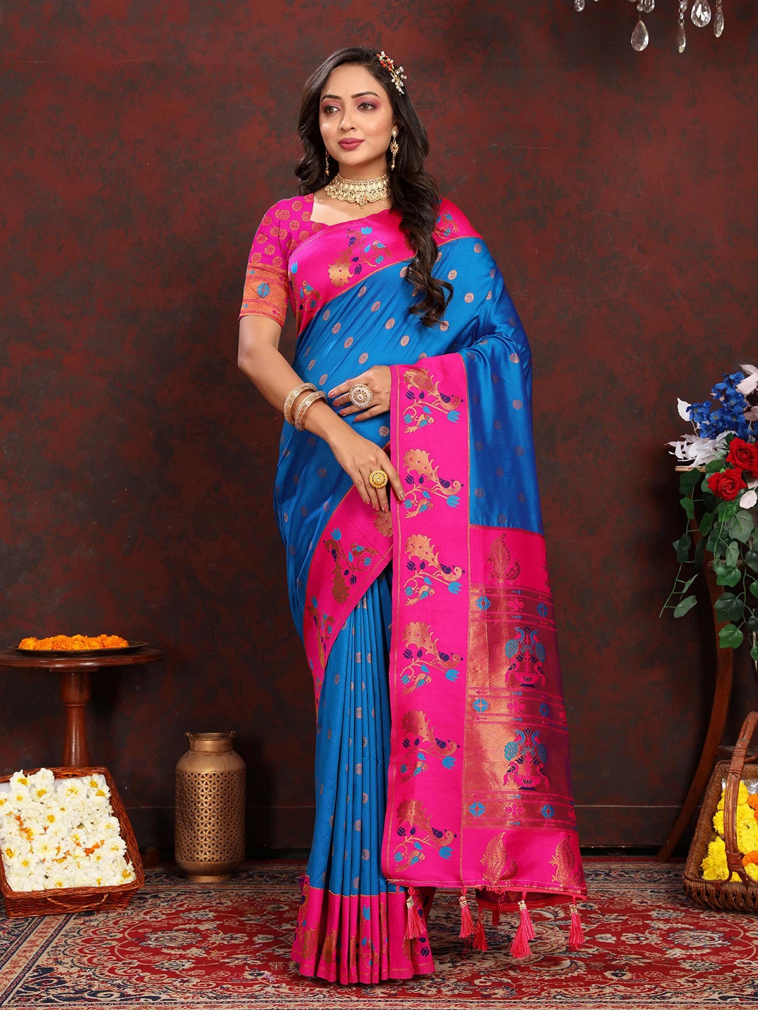 

PHEASANT Ethnic Motifs Woven Design Zari Pure Silk Paithani Saree, Blue