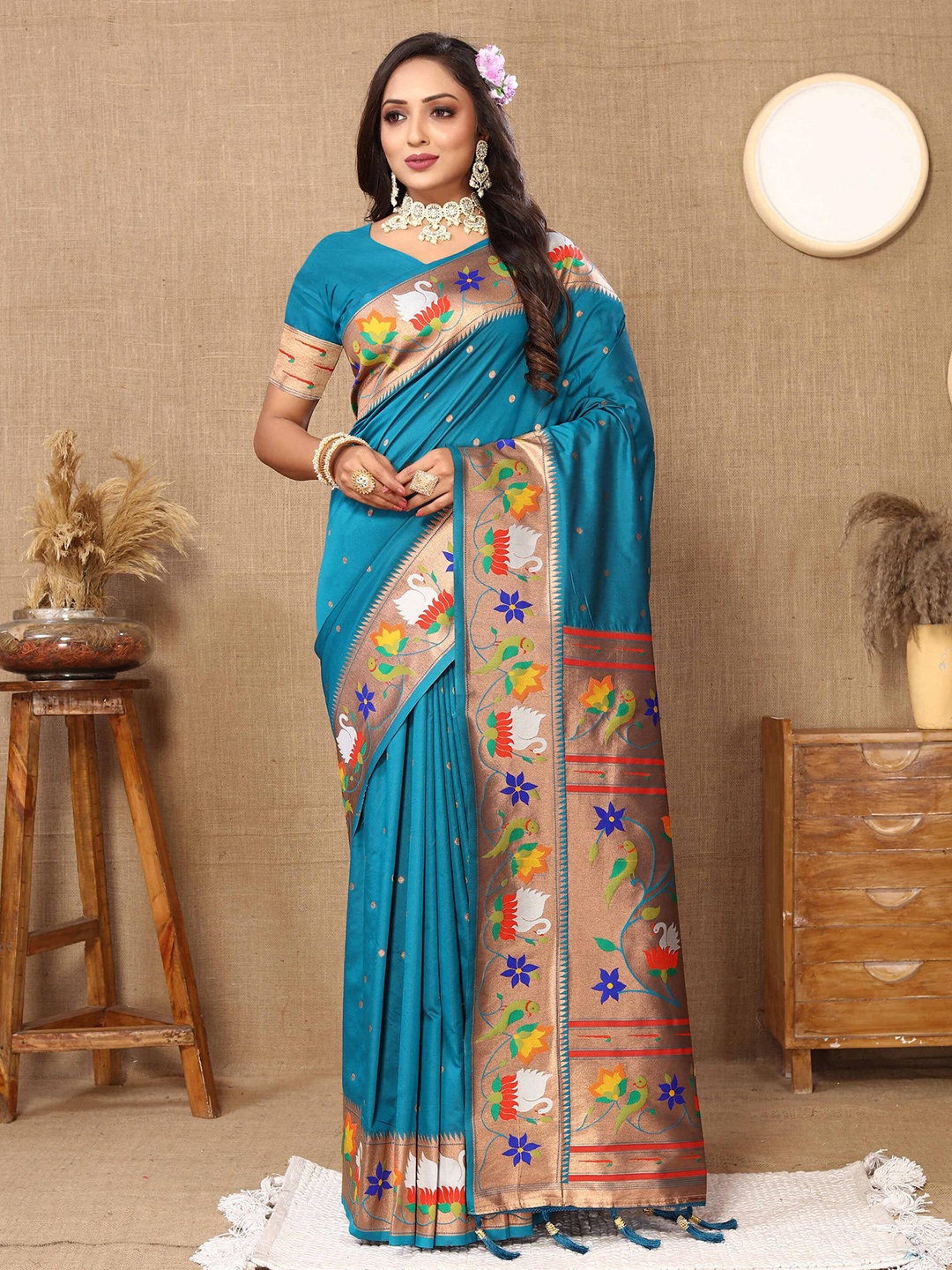 

PHEASANT Ethnic Motifs Woven Design Zari Pure Silk Paithani Saree, Blue
