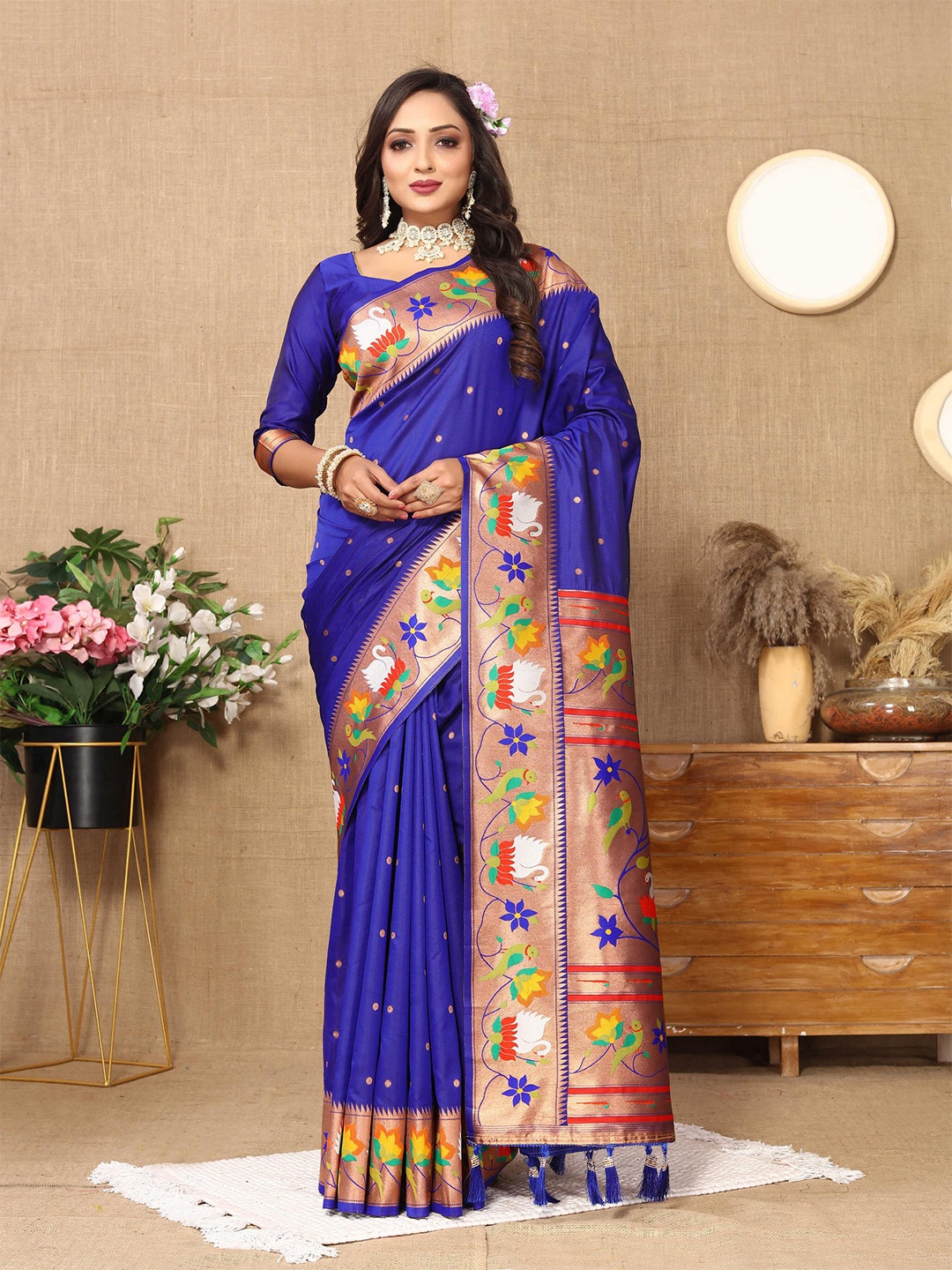 

PHEASANT Ethnic Motifs Woven Design Zari Pure Silk Paithani Saree, Turquoise blue