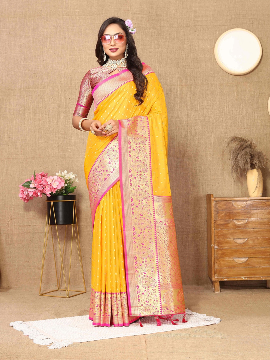 

PHEASANT Ethnic Motifs Woven Design Zari Banarasi Saree, Yellow