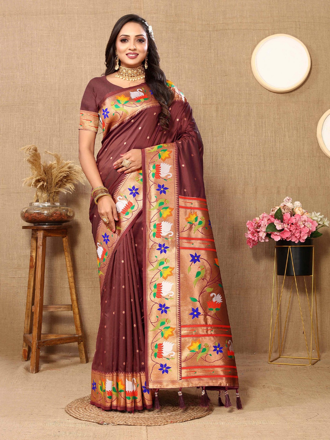 

PHEASANT Woven Design Zari Pure Silk Paithani Saree, Brown