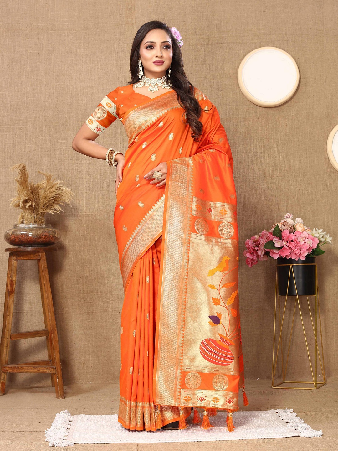 

PHEASANT Woven Design Zari Paithani Saree, Orange