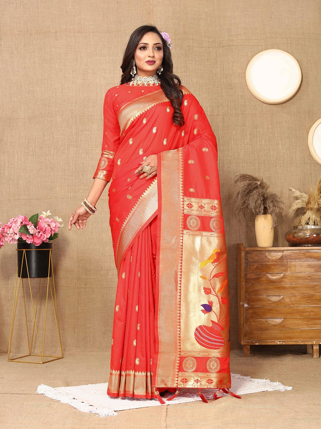 

PHEASANT Woven Design Zari Pure Silk Paithani Saree, Red