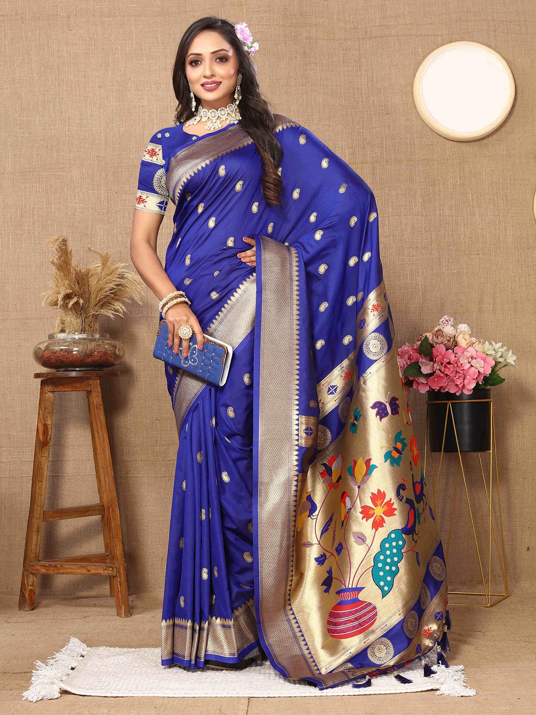 

PHEASANT Woven Design Zari Pure Silk Paithani Saree, Blue