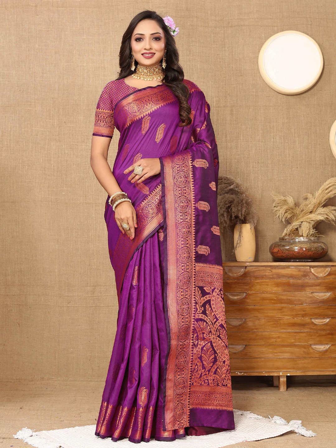 

PHEASANT Woven Design Zari Heavy Work Banarasi Saree, Purple