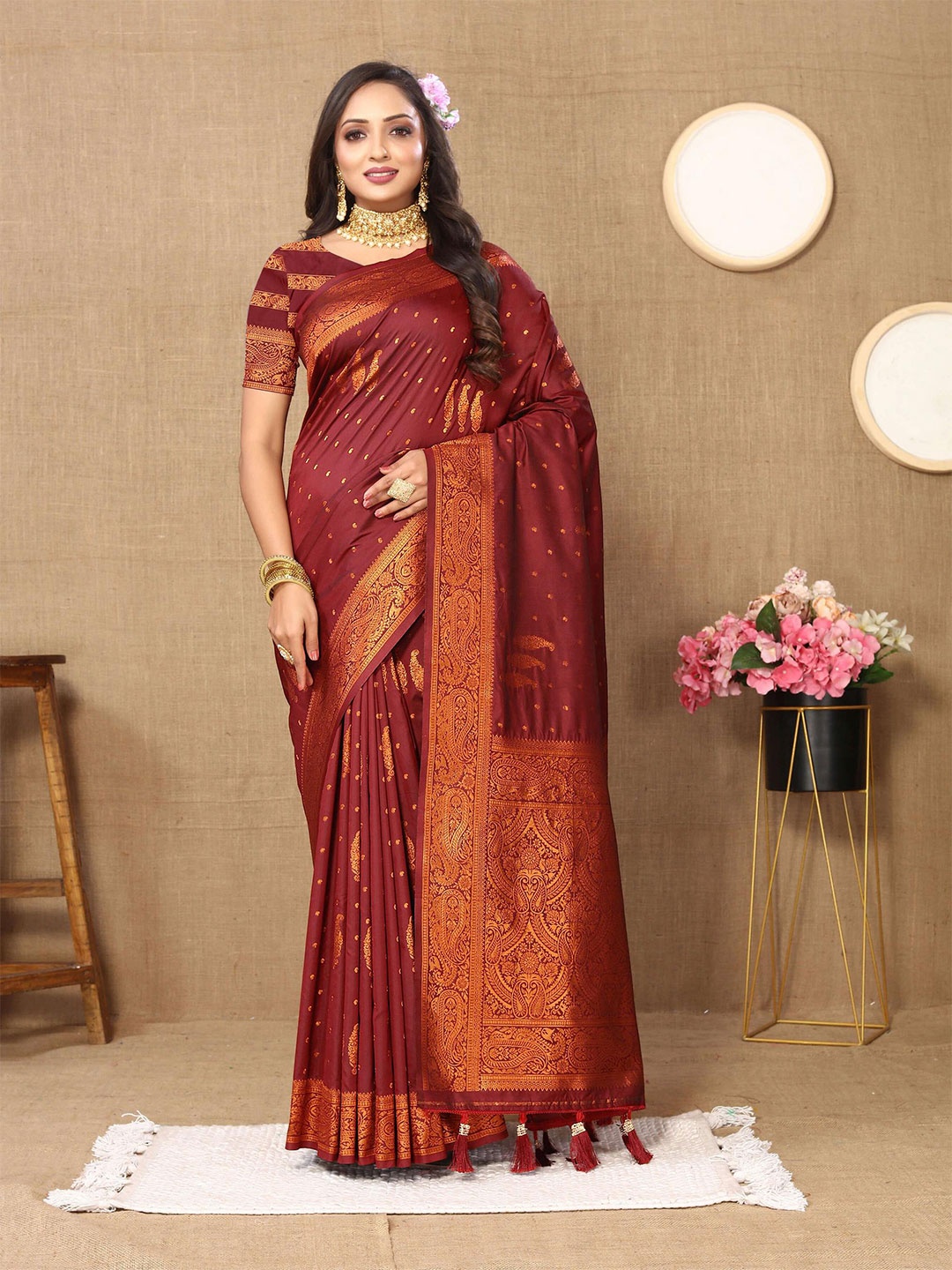 

PHEASANT Woven Design Zari Banarasi Saree, Maroon
