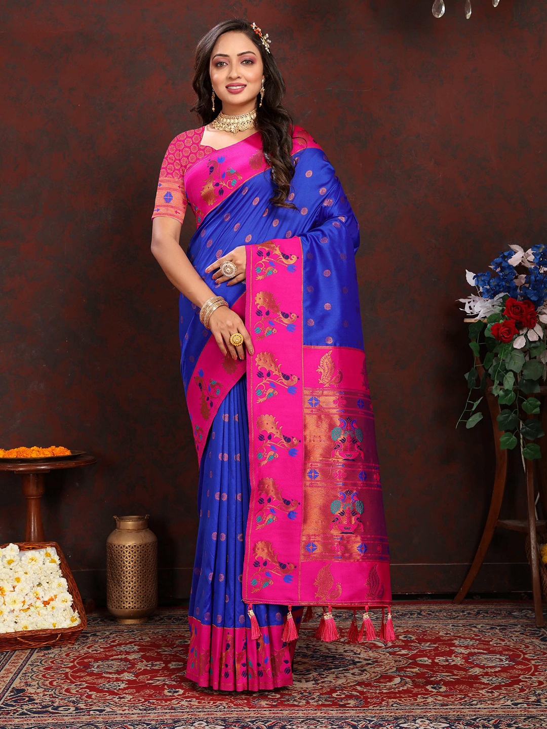 

PHEASANT Ethnic Motifs Woven Design Zari Pure Silk Paithani Saree, Blue