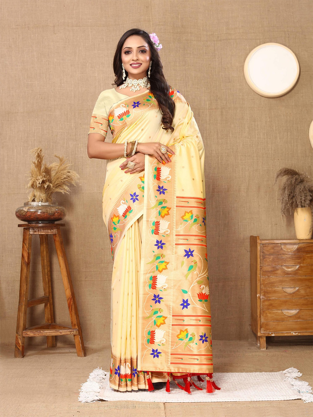 

PHEASANT Ethnic Motifs Woven Design Zari Pure Silk Paithani Saree, Cream