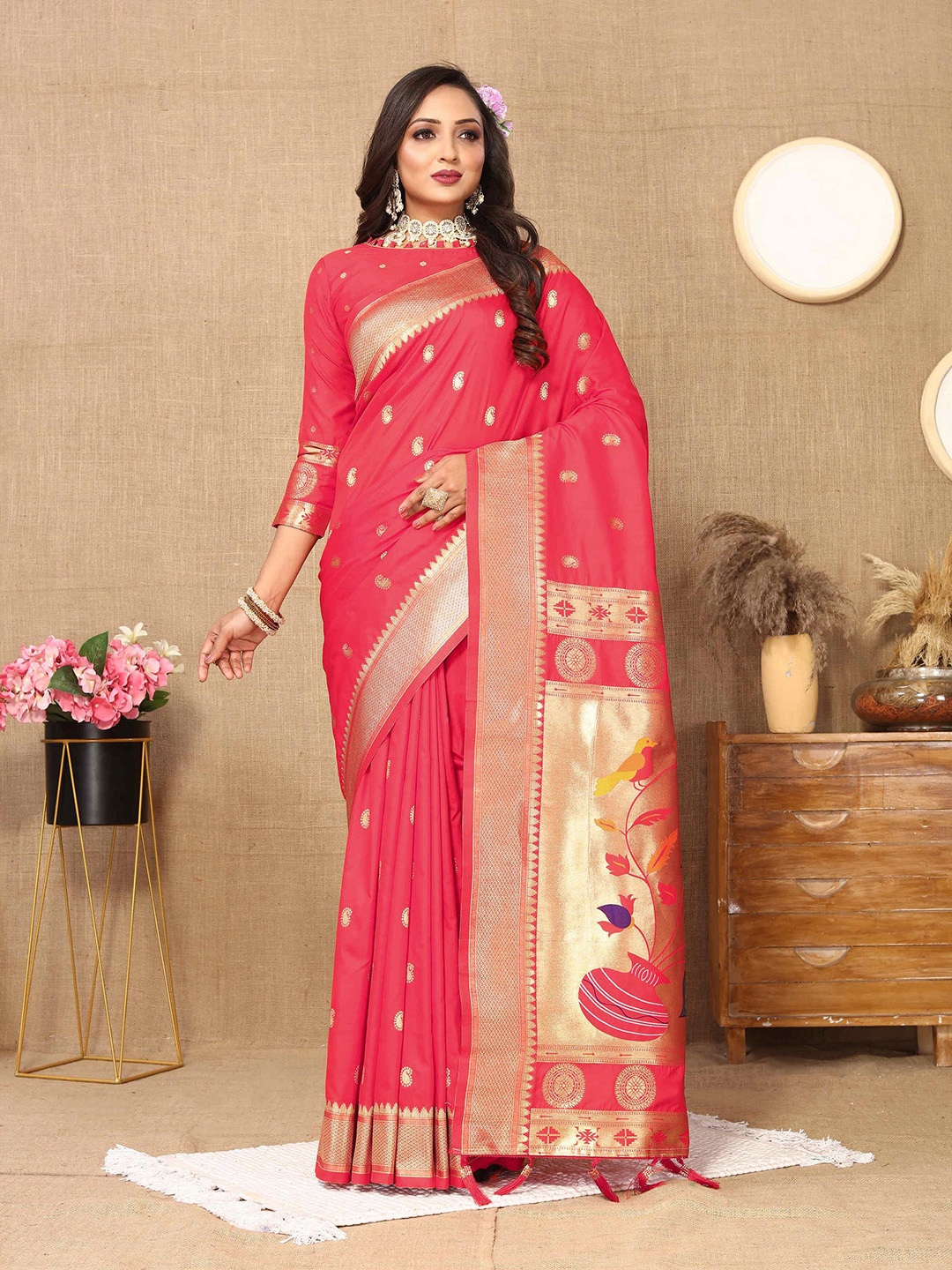 

PHEASANT Ethnic Motifs Woven Design Zari Pure Silk Paithani Saree, Pink