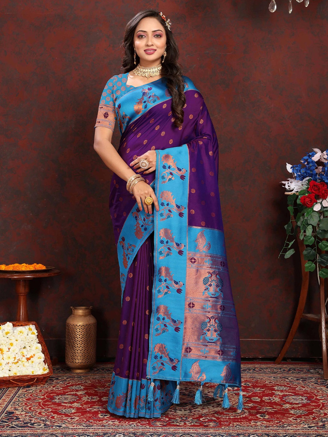 

PHEASANT Woven Design Zari Pure Silk Paithani Saree, Purple