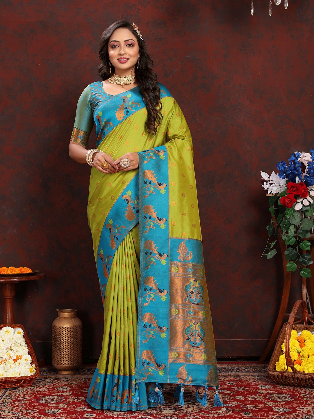 

PHEASANT Ethnic Motifs Woven Design Zari Pure Silk Paithani Saree, Green