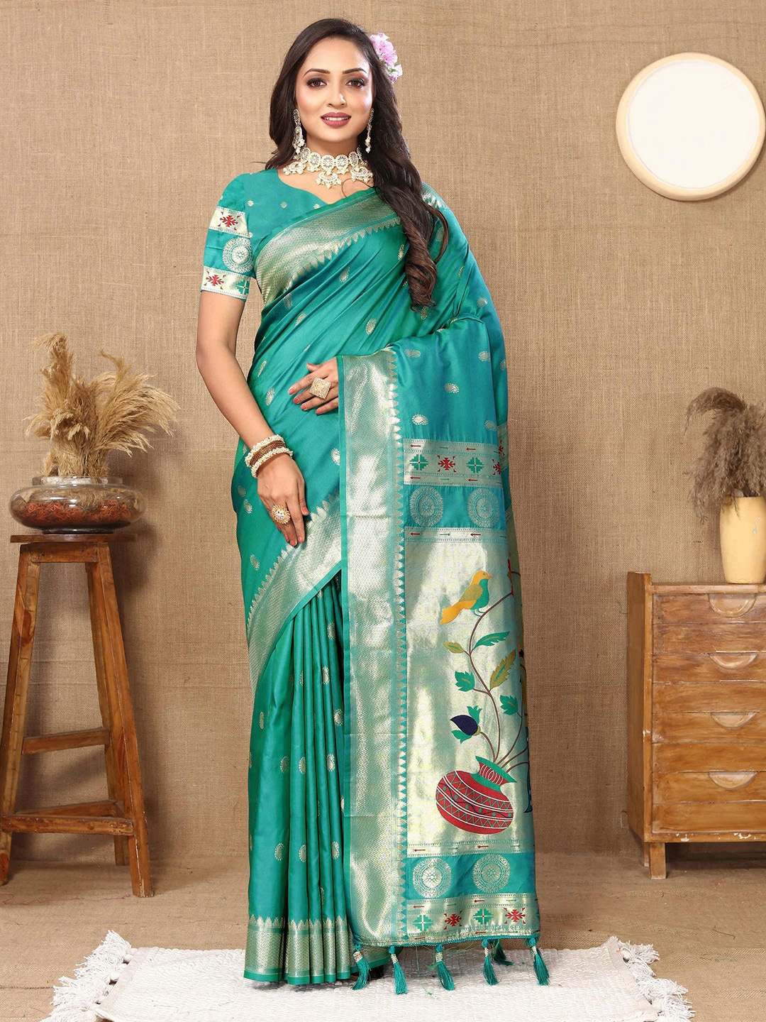 

PHEASANT Ethnic Motifs Woven Design Zari Pure Silk Paithani Saree, Teal