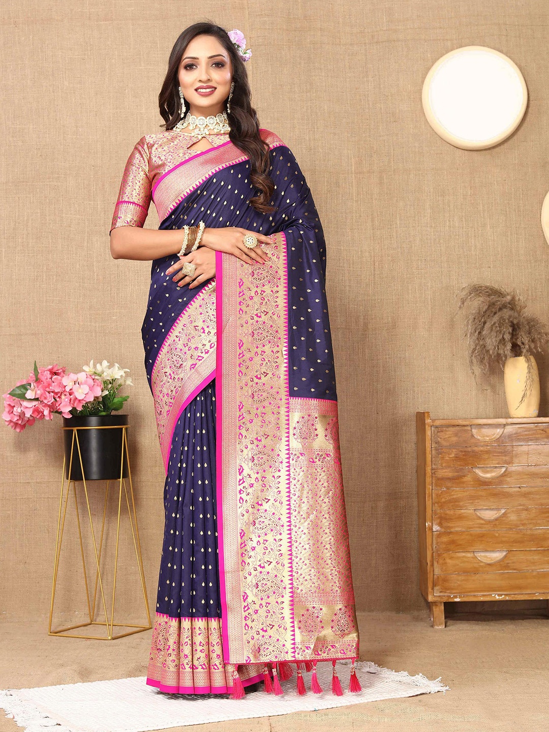 

PHEASANT Woven Design Zari Banarasi Saree, Navy blue