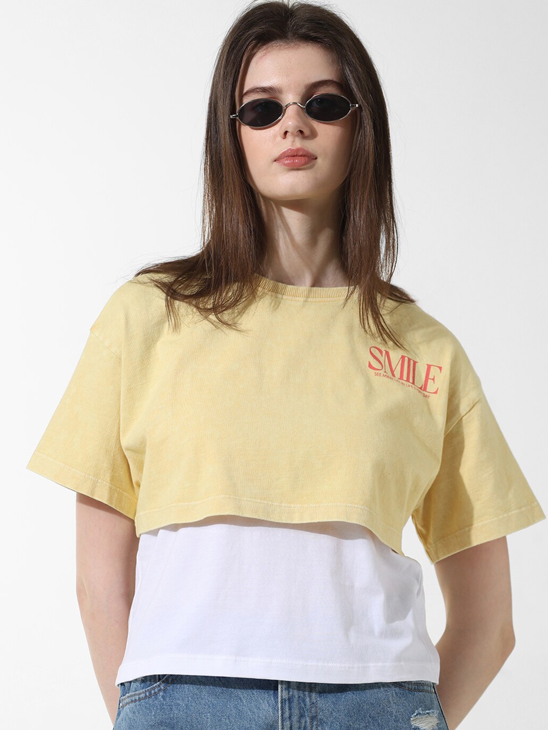 

ONLY Colourblocked Round Neck Cotton T-shirt, Yellow