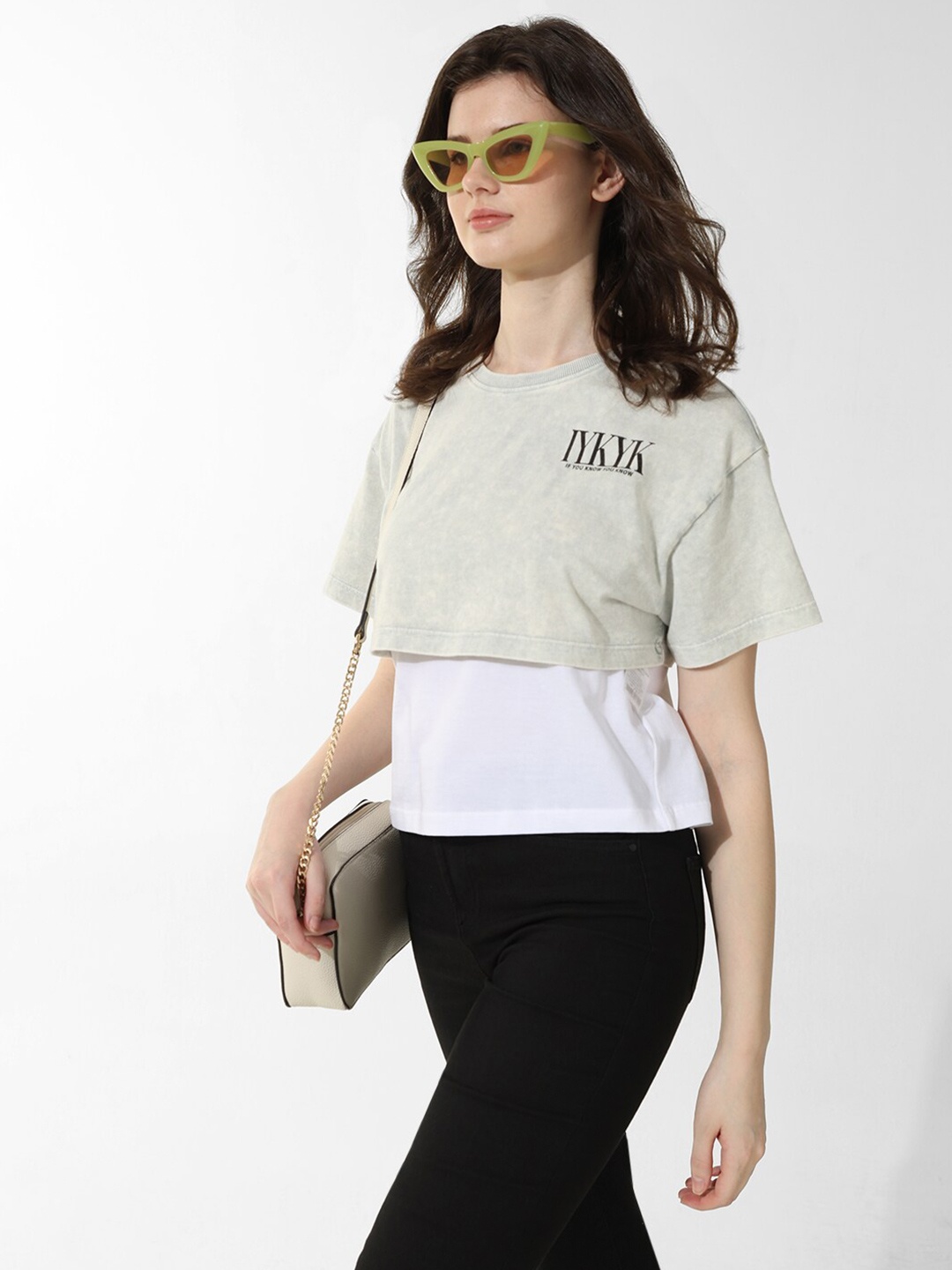 

ONLY Colorblocked Short Sleeves Round Neck Cotton T-shirt, Grey