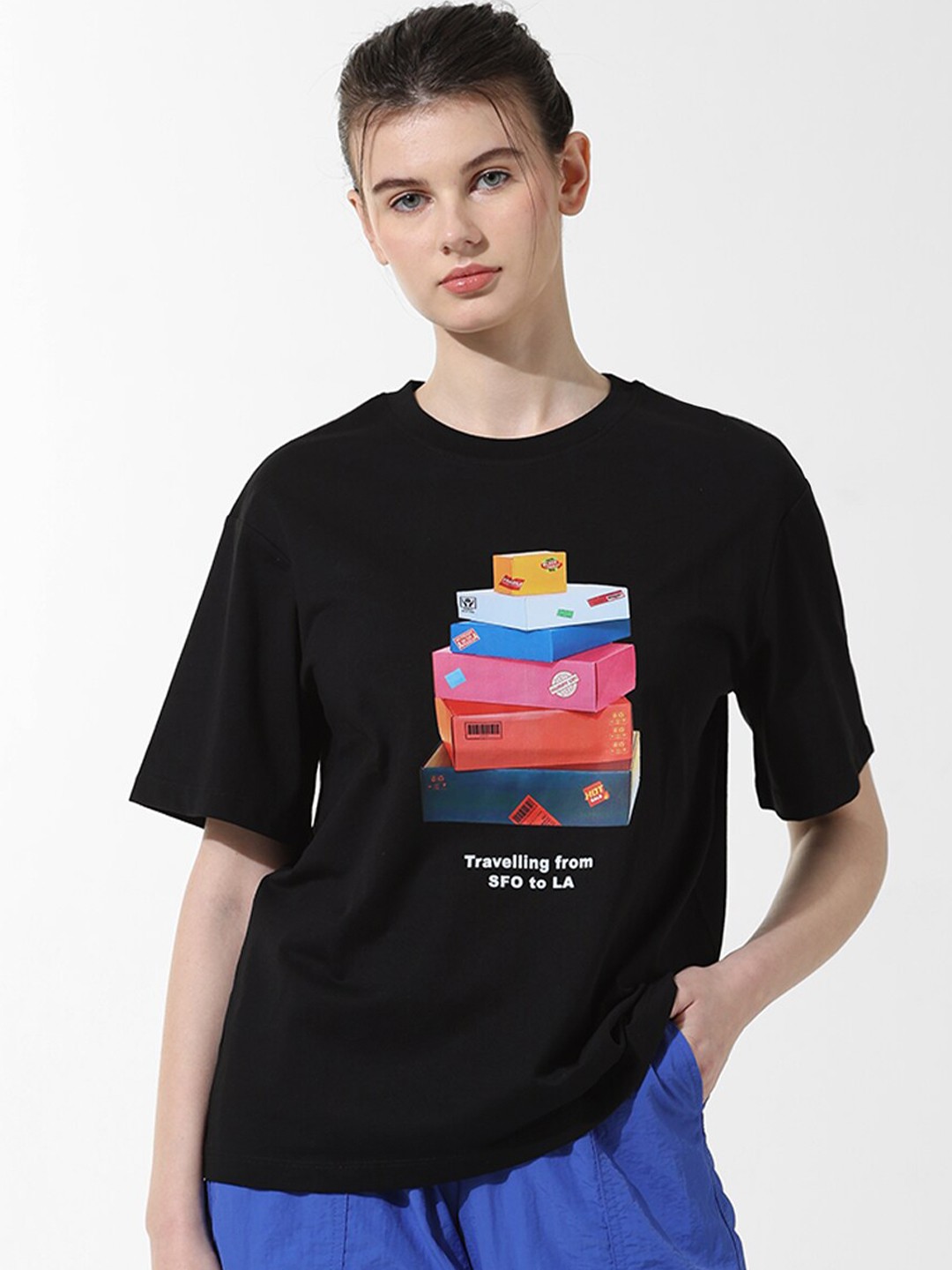 

ONLY Graphic Printed Round Neck Oversized Cotton T-shirt, Black