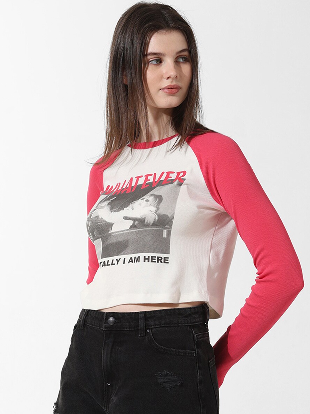 

ONLY Graphic Printed Raglan Sleeves Cotton T-shirt, Pink