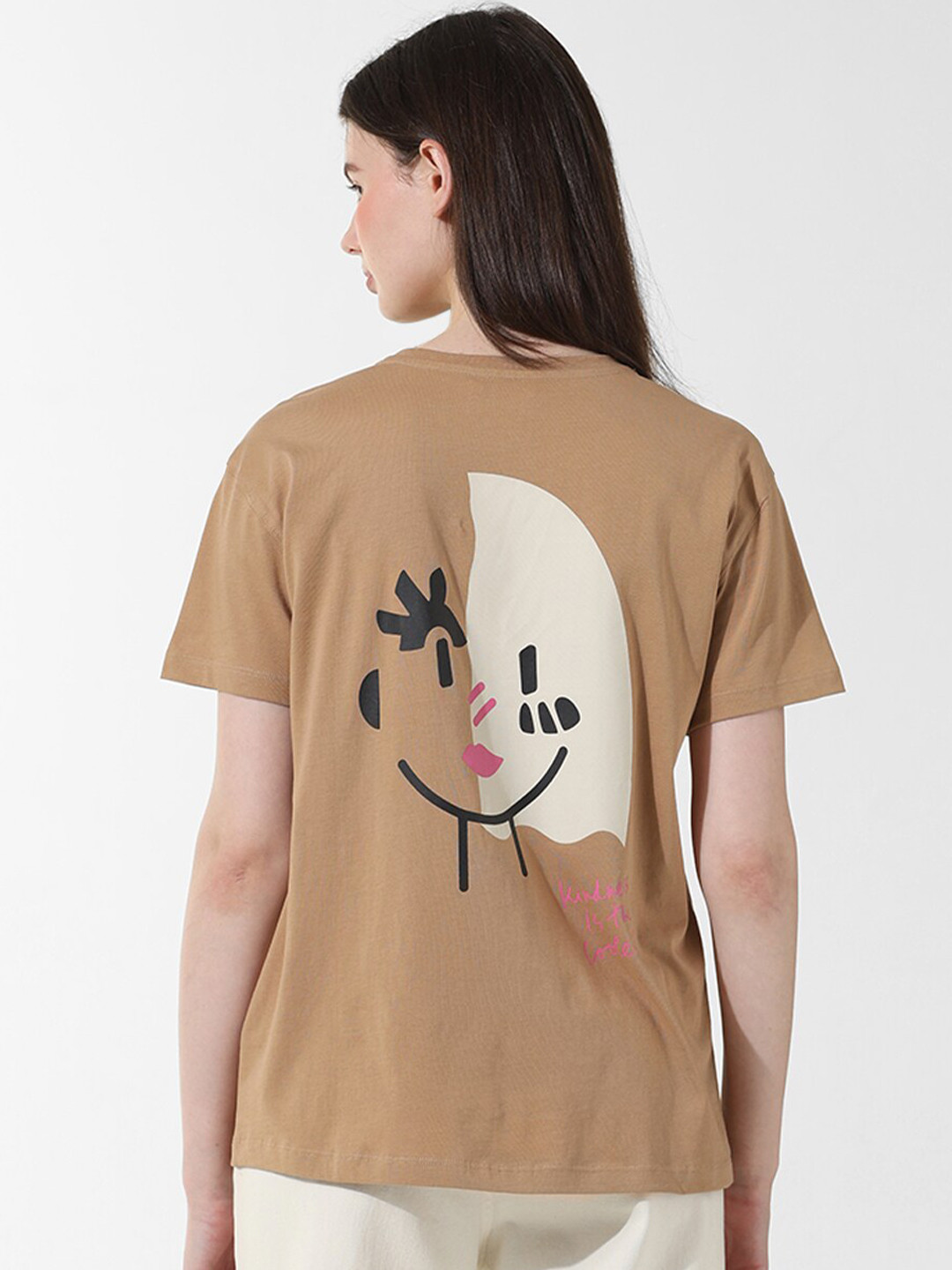 

ONLY Graphic Printed Drop Shoulder Sleeves Oversized Cotton T-shirt, Brown