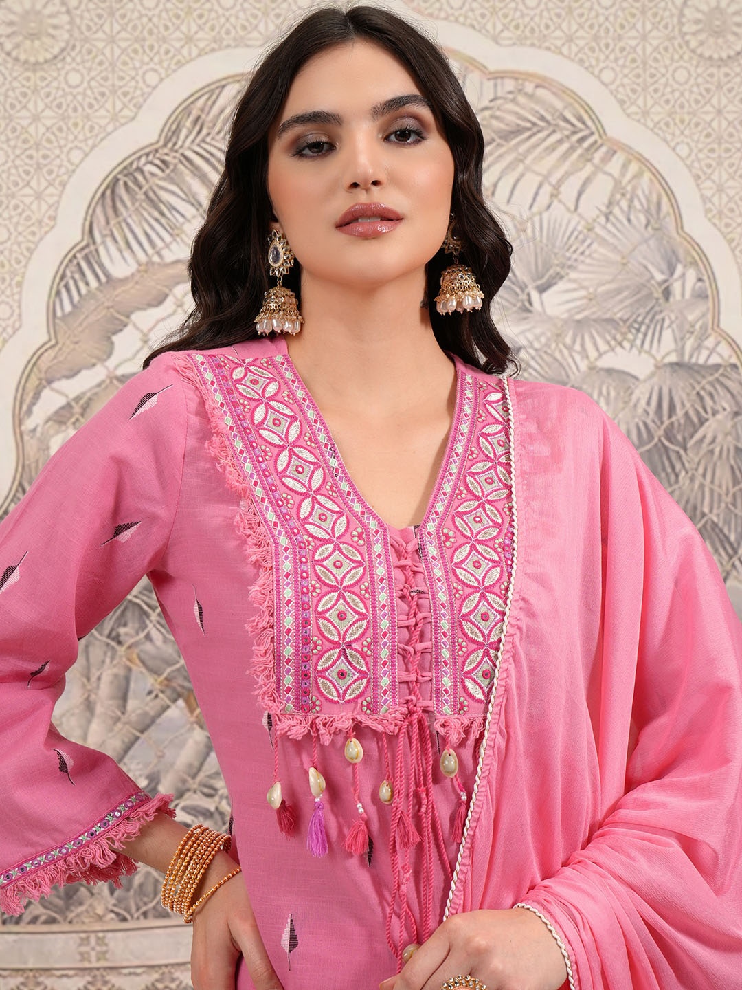 

Vishudh Embroidered Regular Pure Cotton Kurta with Trouser & Dupatta, Rose