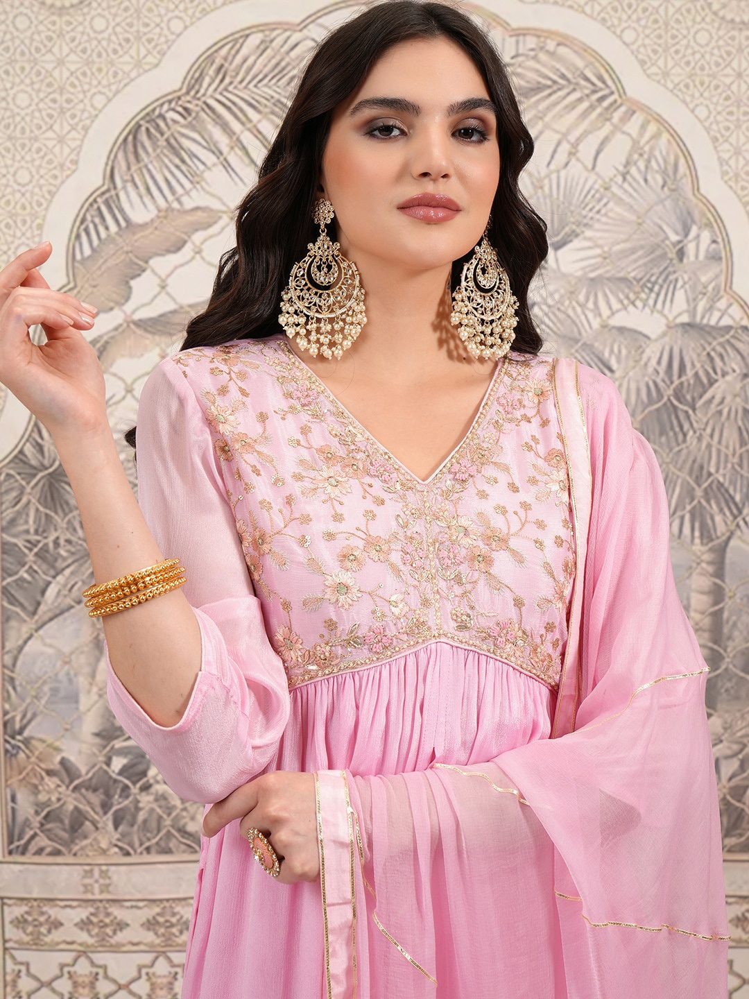 

Vishudh Ethnic Motifs Embroidered Empire Thread Work Kurta with Sharara & Dupatta, Pink