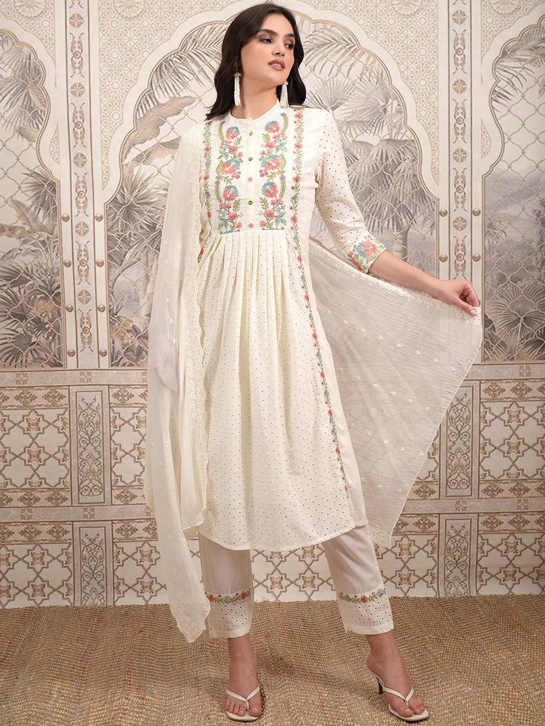 

Vishudh White Ethnic Motifs Embroidered Pure Cotton A-Line Kurta With Trousers & Dupatta, Off white