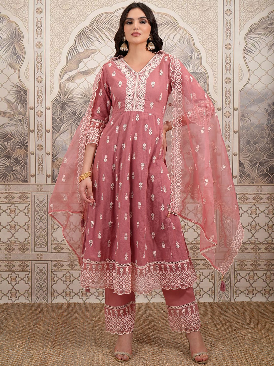 

Vishudh Peach Ethnic Motifs Embroidered Empire Sequinned Pure Cotton Anarkali Kurta Set