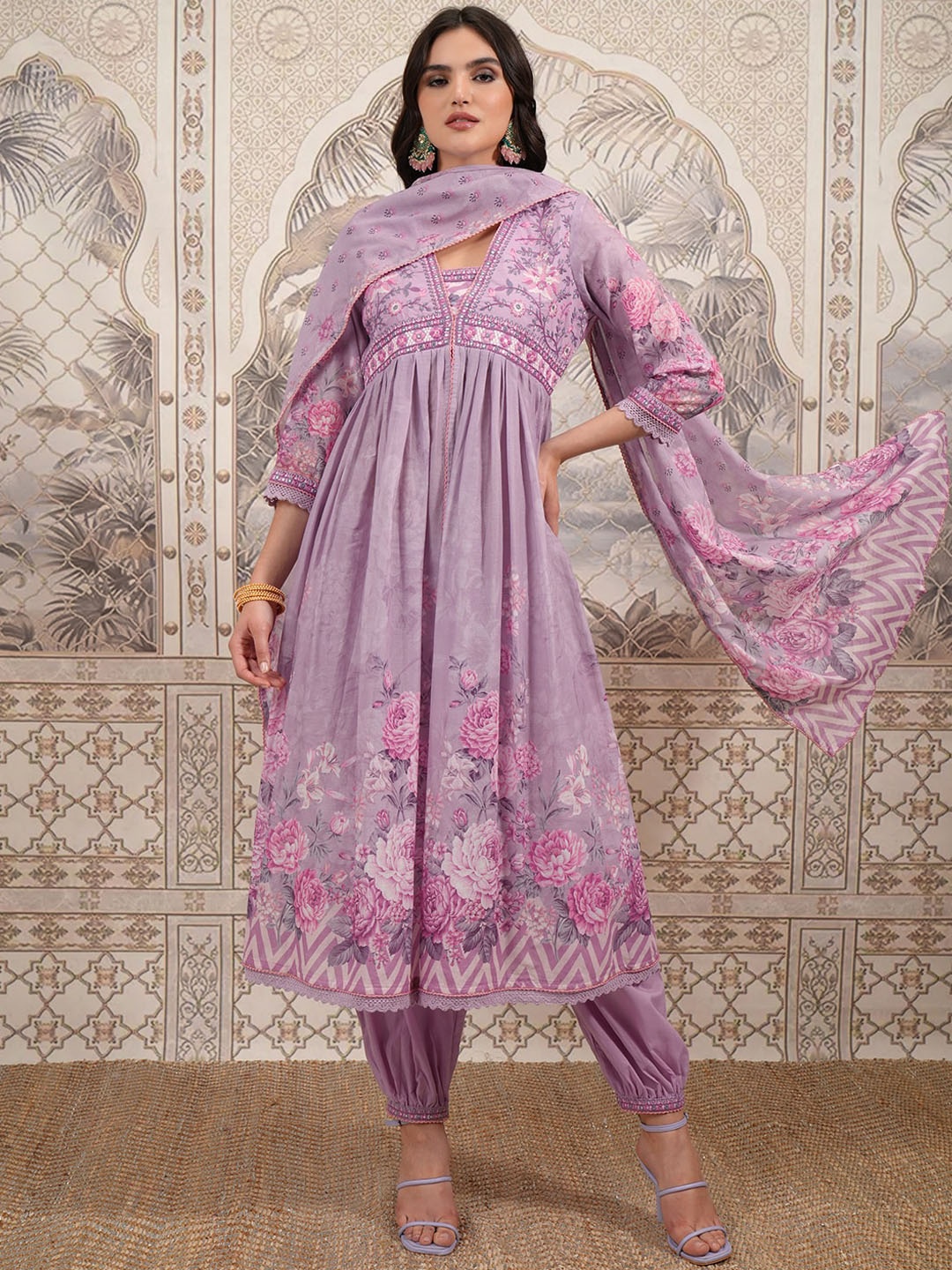 

Vishudh Purple Floral Printed V-Neck Pure Cotton A-Line Kurta With Trousers & Dupatta