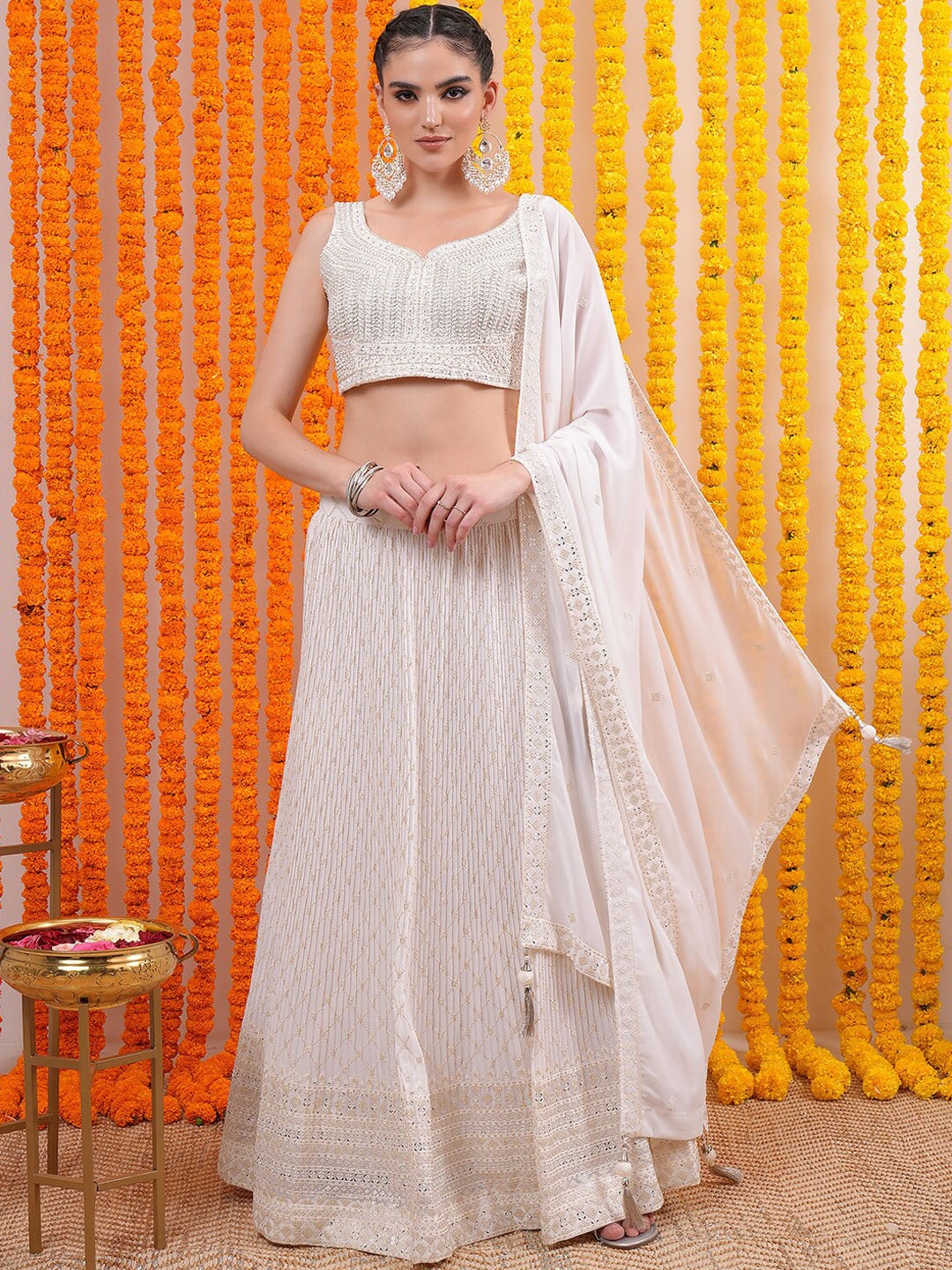 

Vishudh White Embroidered Ready to Wear Lehenga & Blouse With Dupatta