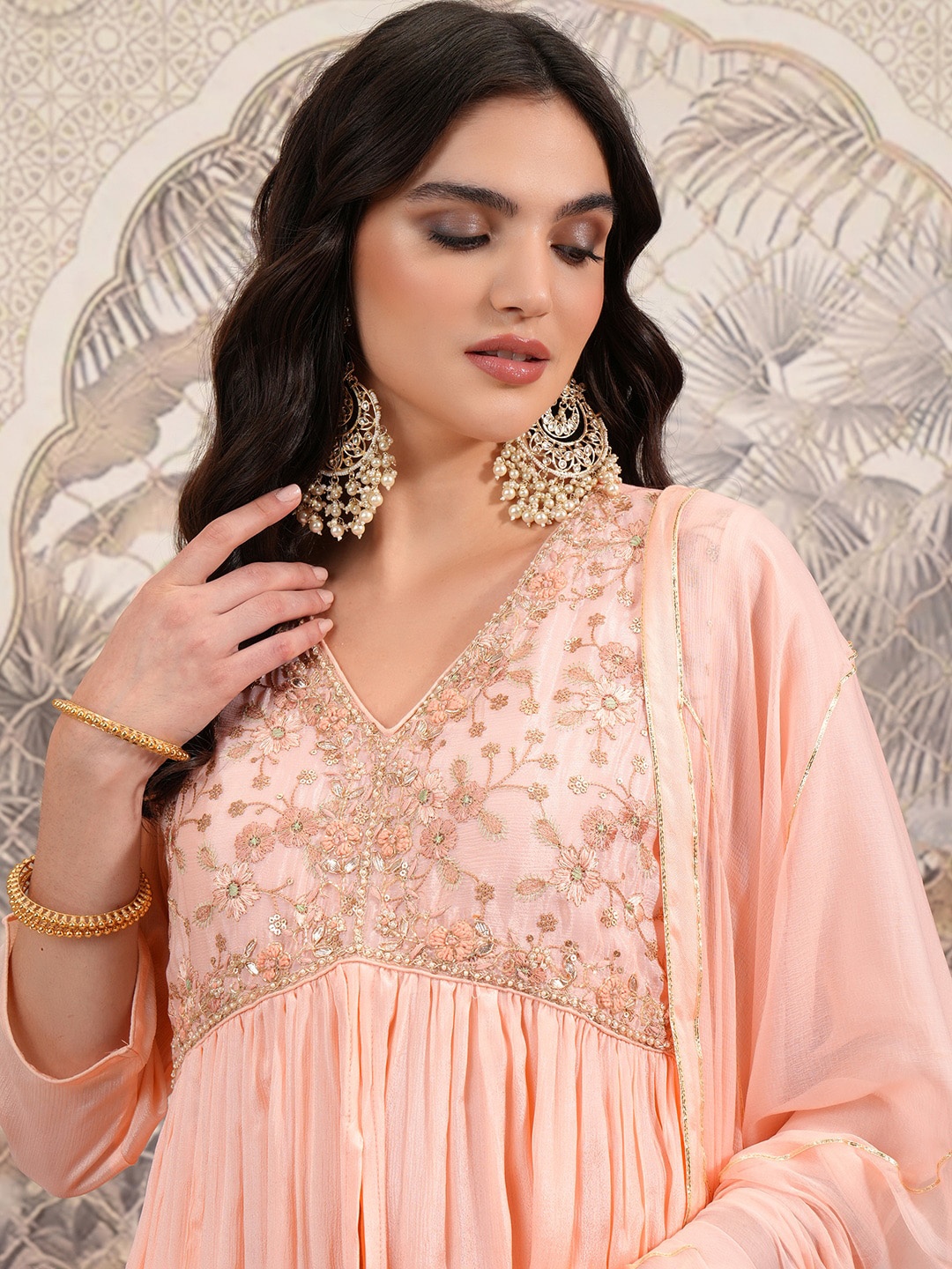 

Vishudh Ethnic Motifs Embroidered Empire Sequinned Kurta with Sharara & Dupatta, Peach