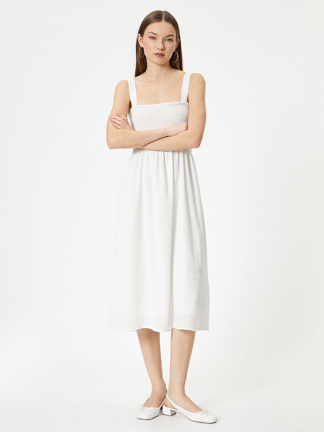 

Koton Shoulder Straps Square Neck Fit & Flare Midi Dress, White