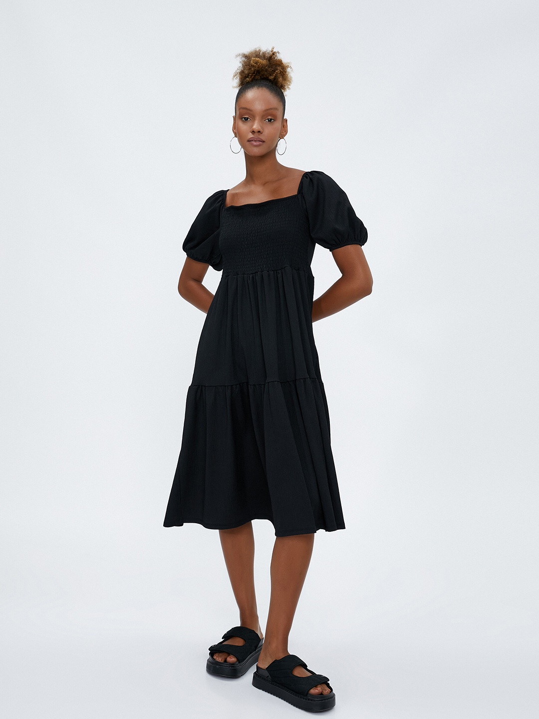 

Koton Puff Sleeve Fit & Flare Midi Dress, Black