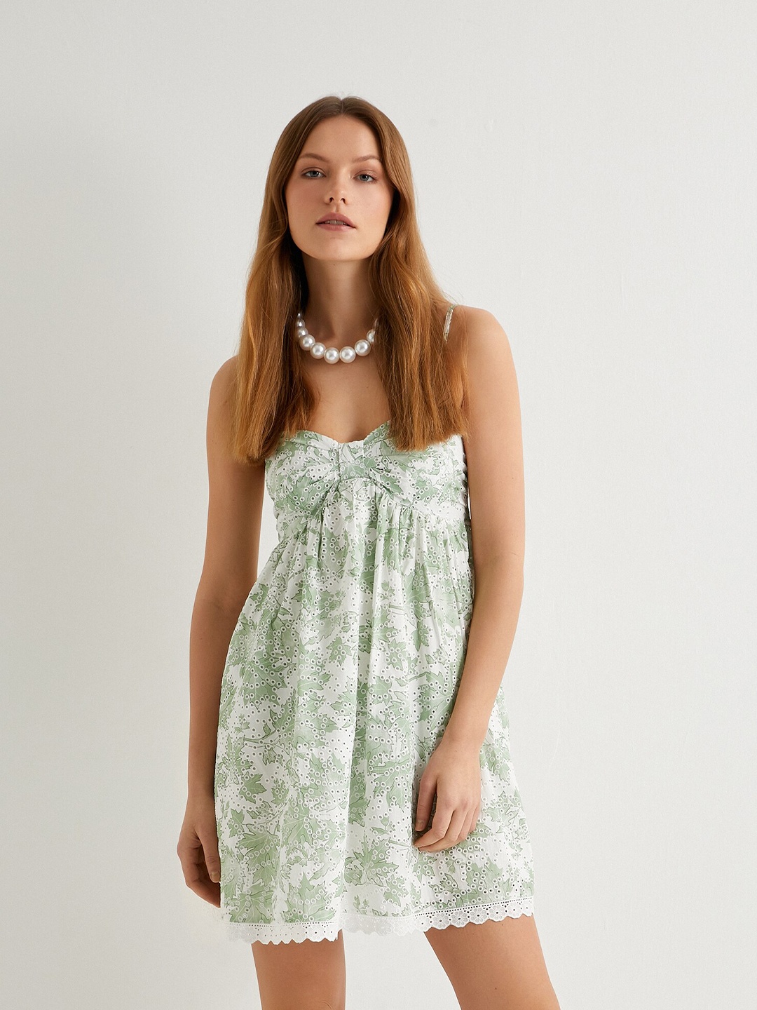 

Koton Floral Printed Shoulder Straps Pure Cotton A-Line Dress, Green