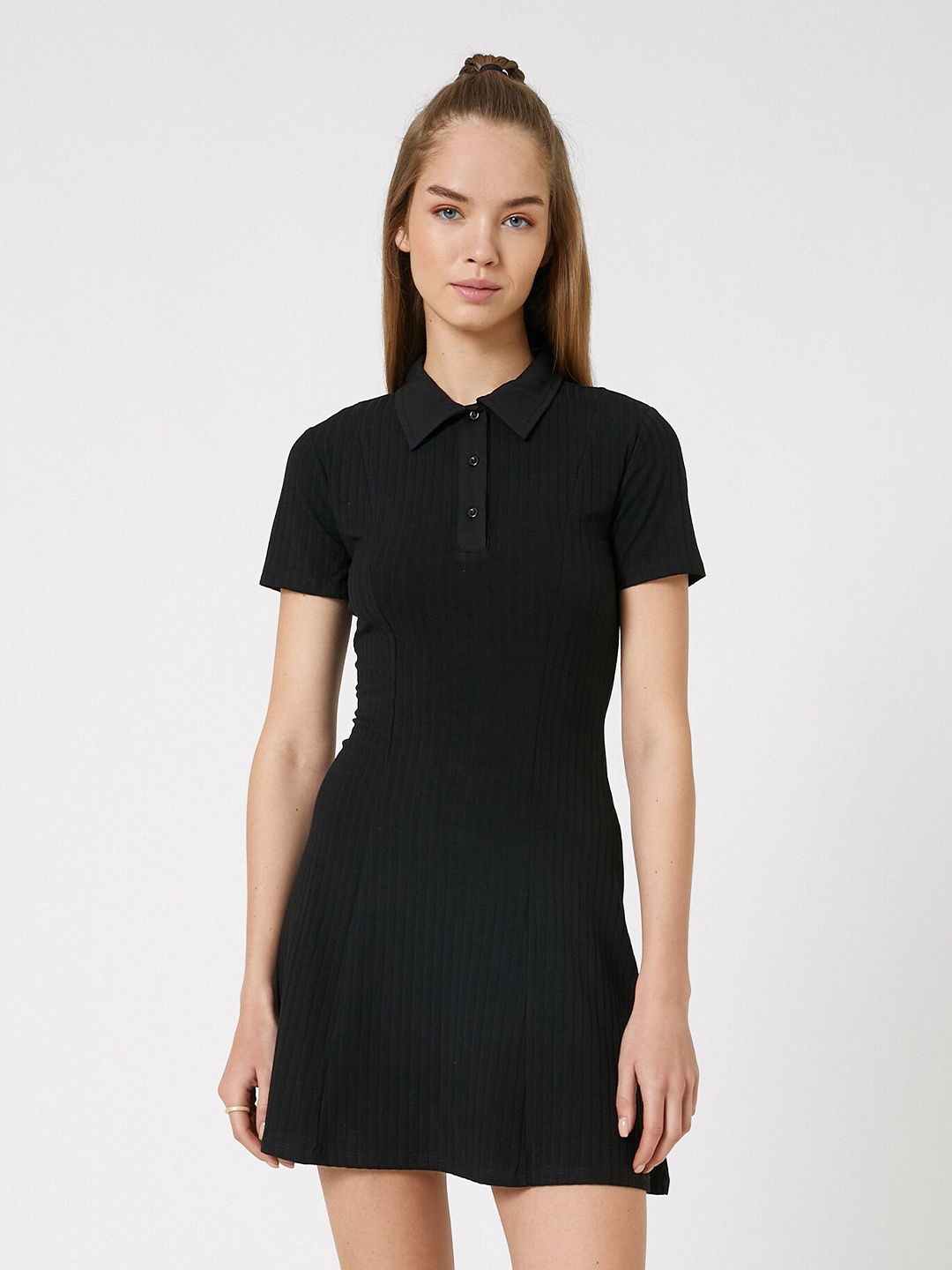 

Koton Striped Shirt Collar T-shirt Mini Dress, Black