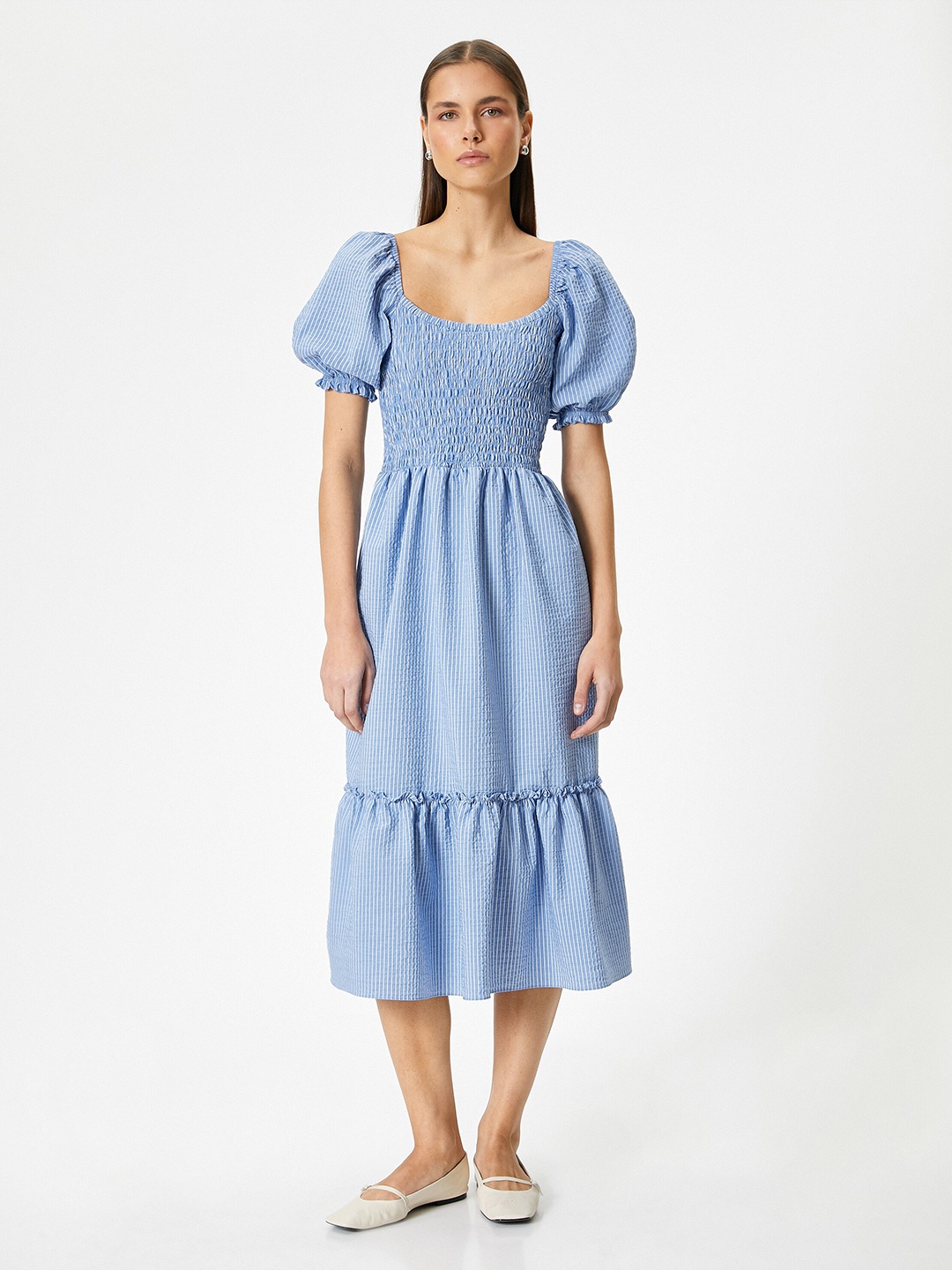

Koton Striped Puff Sleeve A-Line Midi Dress, Blue