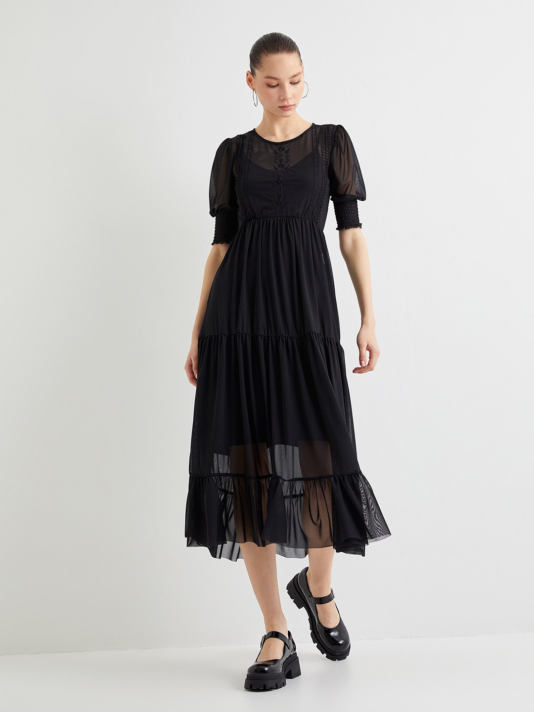 

Koton Floral Embroidered Cuffed Sleeves Tiered Fit & Flare Midi Dress, Black