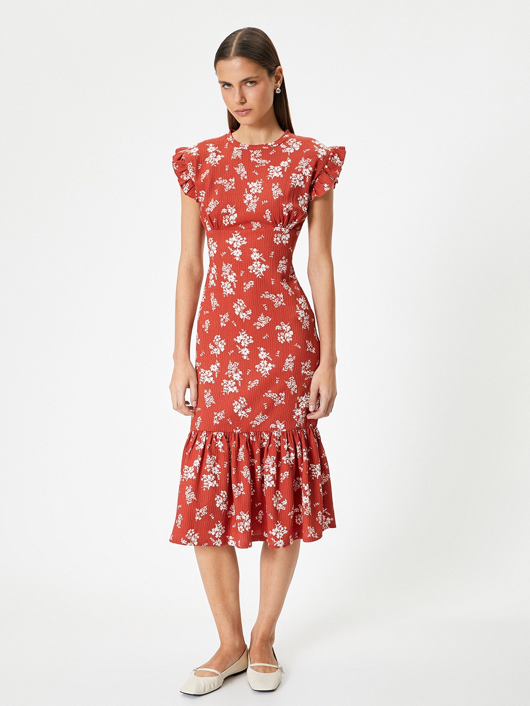 

Koton Floral Printed Flared Sleeves Sheath Dress, Brown