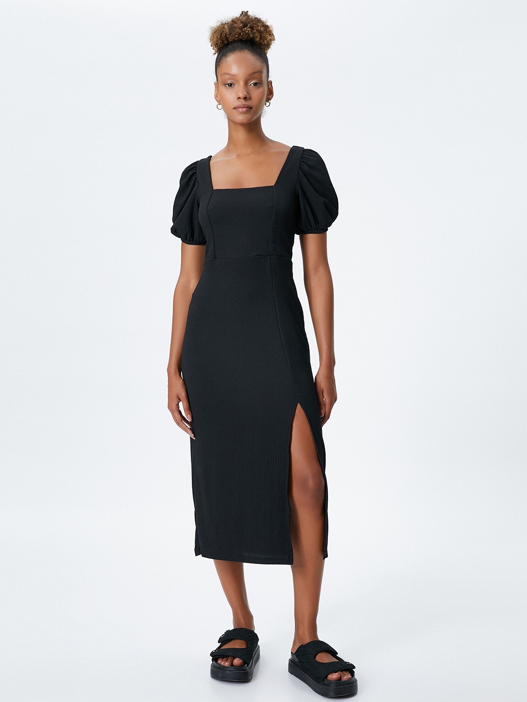 

Koton Puff Sleeve Sheath Midi Dress, Black